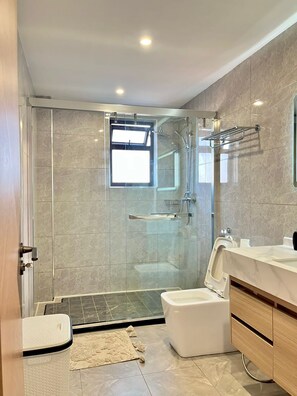 Hair dryer, towels, soap, toilet paper