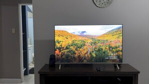 Ein Fernseher auf einem Holzständer mit einer herbstlichen Landschaft auf dem Bildschirm, drei runde Wanddekorationen darüber und eine teilweise sichtbare Badezimmertür.