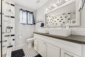 Hair dryer, towels, soap, toilet paper