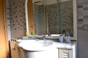 Shower, hair dryer, bidet, towels
