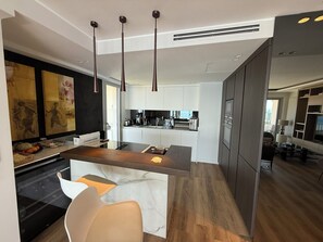 Fridge, microwave, oven, dishwasher