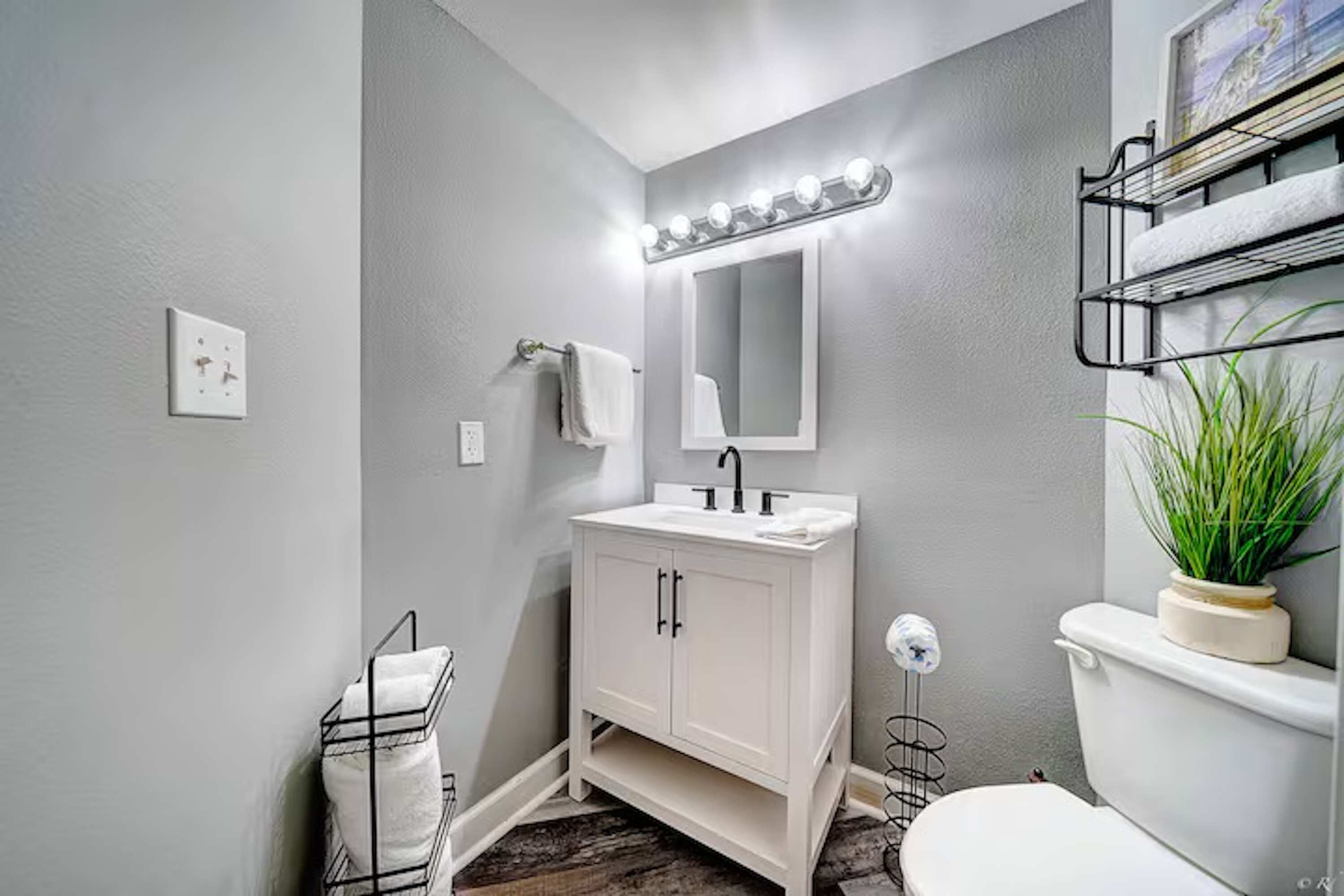A bathroom with a white vanity, a mirror with lights, a toilet, and a plant.