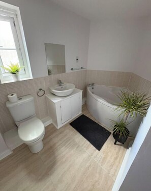 Hair dryer, towels, soap, toilet paper