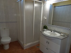 Shower, hair dryer, towels, toilet paper