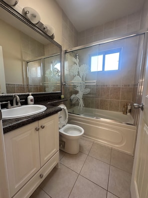 Hair dryer, towels, soap, toilet paper