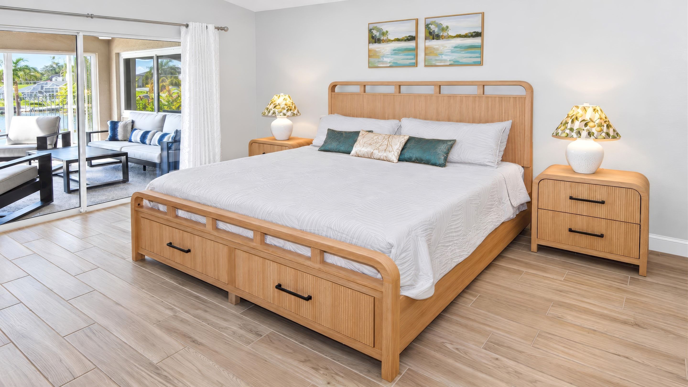 A king-size bed and direct access to the covered terrace make this bedroom a comfortable retreat.