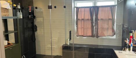 Shower, hair dryer, towels, soap