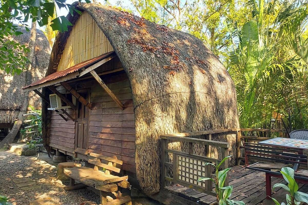 A rustic wooden cabin with a thatched roof, surrounded by lush greenery.