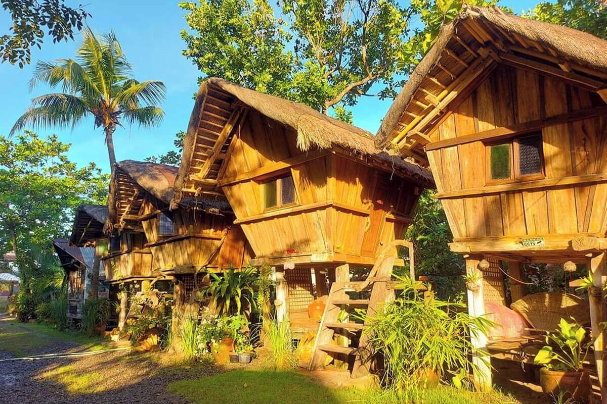 Wooden houses with thatched roofs, surrounded by lush greenery and palm trees.
