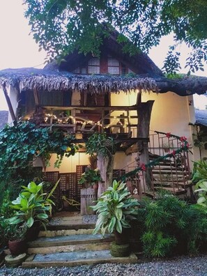 Una casa rústica con tejado de paja, una escalera de madera y un jardín con plantas en macetas.