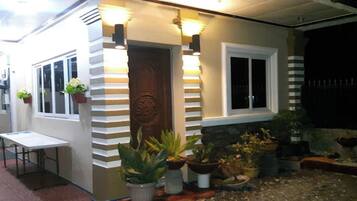 A house with a front porch, a door, and potted plants.