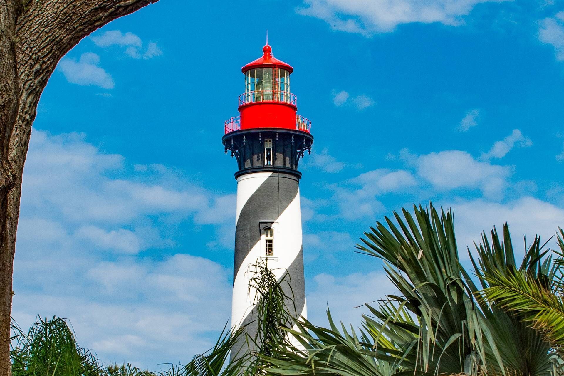 A lighthouse with a red top and white body, surrounded by palm trees and a clear blue sky.
