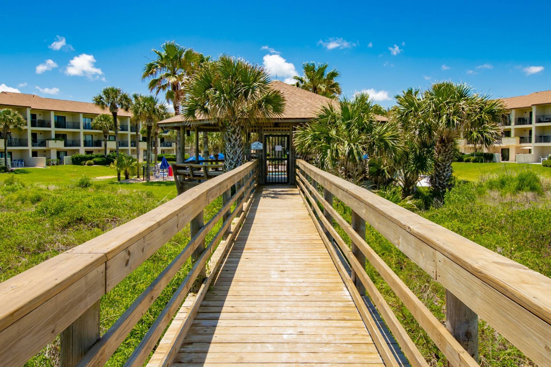 A wooden boardwalk leading to a covered area with palm trees and a building in the background.