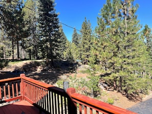 A wooden deck with a railing overlooking a forested area with tall pine trees.