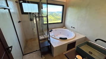Shower, jetted tub, hair dryer, towels