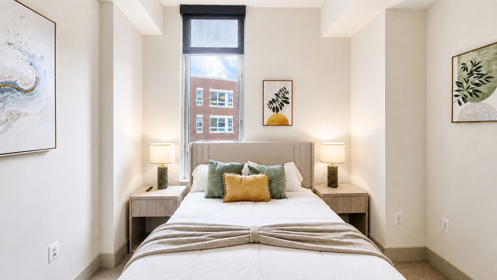 A hotel room with a large bed, two bedside tables with lamps, a window with a view of buildings, and artwork on the walls.