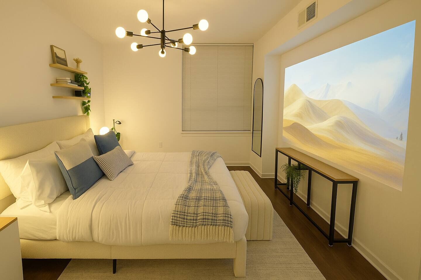 Ein Schlafzimmer mit einem großen Bett, einem Wand-Fernseher und einer Deckenleuchte.