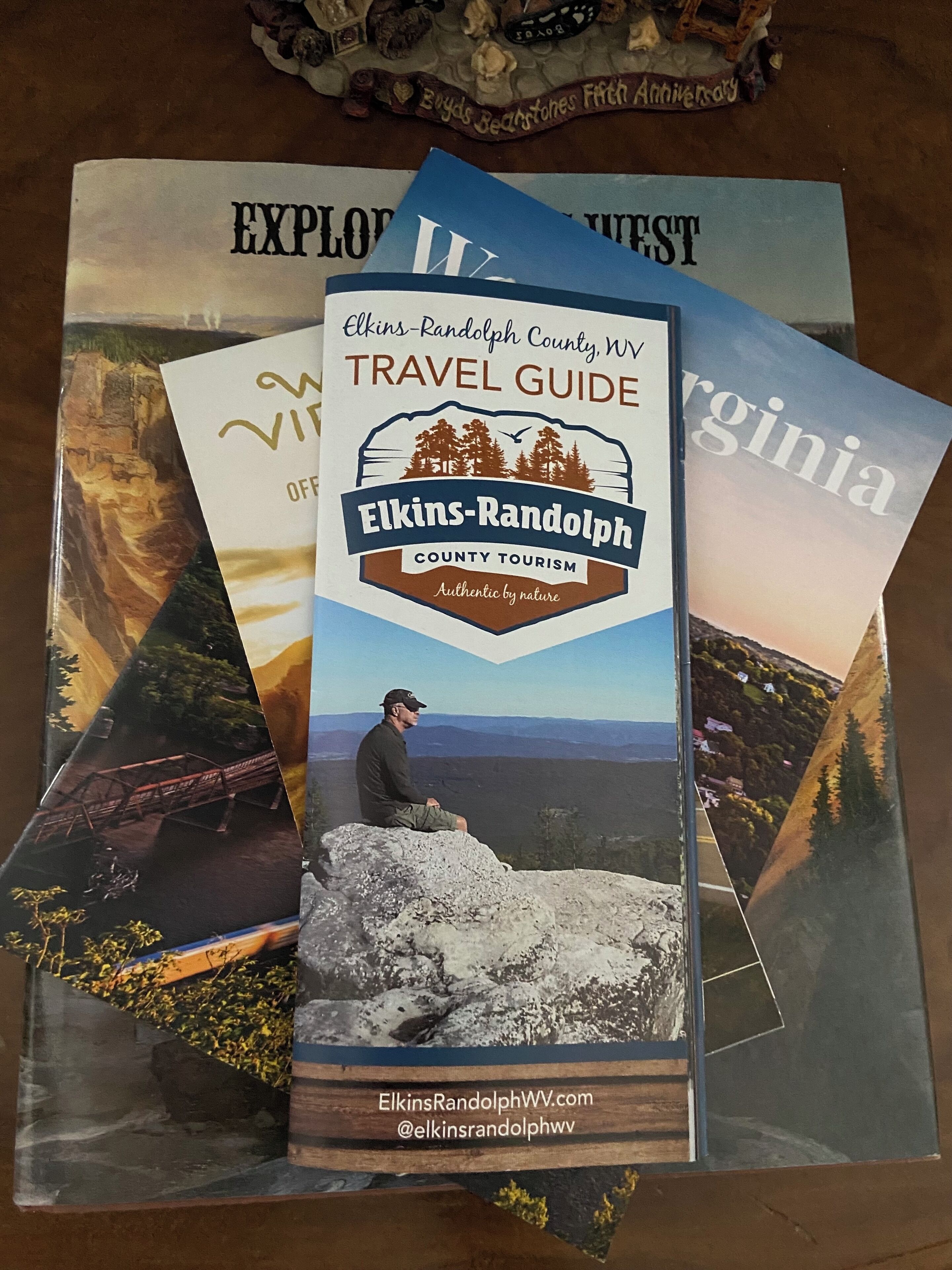 A travel guide titled 'Elkins-Randolph County, WV Travel Guide' with a scenic view of a person on a rock.