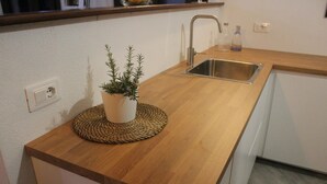 Eine Küche mit Holztischplatte, Spüle, Blumentopf und gewebter Tischmatte.
