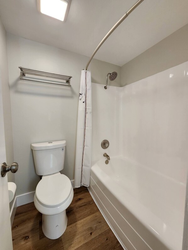 Hair dryer, towels, soap, toilet paper
