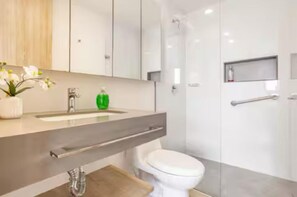 Hair dryer, towels, soap, toilet paper