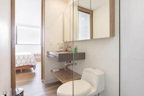 Hair dryer, towels, soap, toilet paper