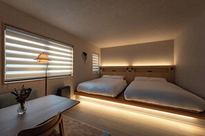 Desk, laptop workspace, blackout drapes, soundproofing