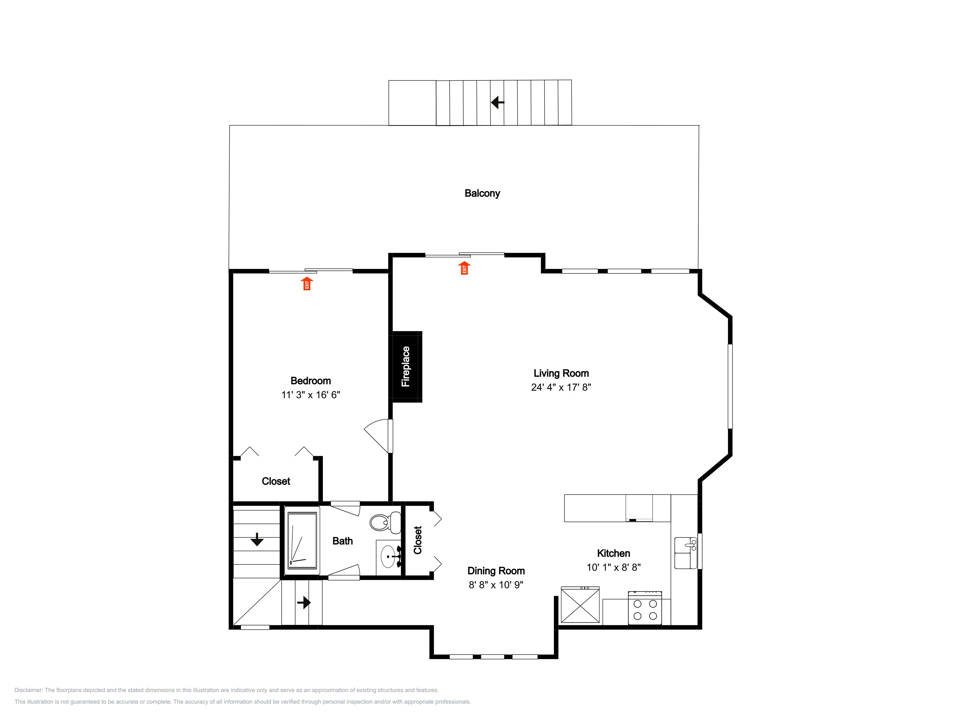 Un plan d’étage comprenant une chambre, un salon, une salle de bain, une salle à manger, une cuisine et une cheminée.