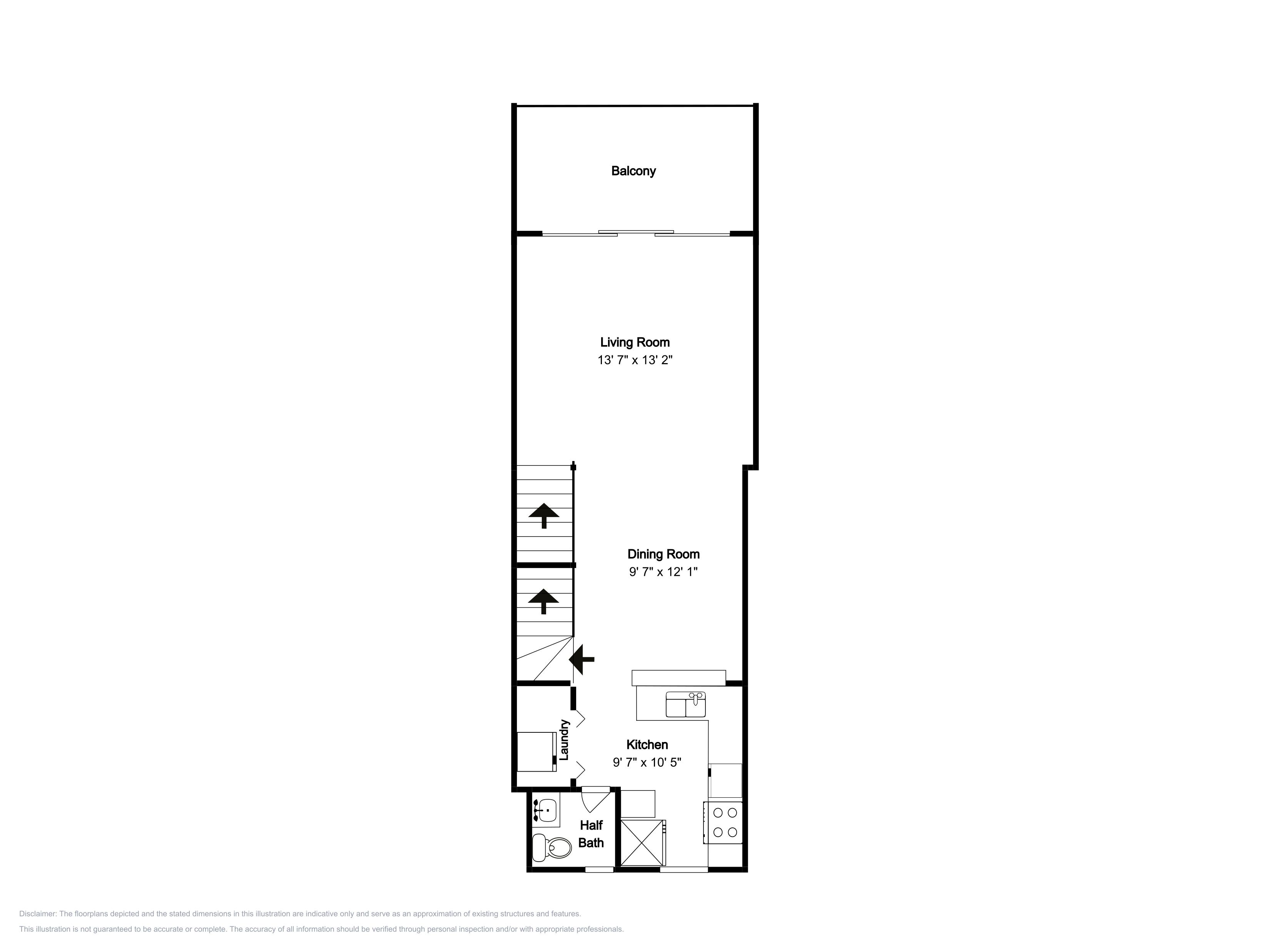 Grundriss mit Balkon, Wohnzimmer, Esszimmer, Küche, Waschküche und Gäste-WC.