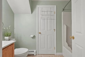 Hair dryer, towels, soap, toilet paper