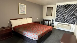 Une chambre d’hôtel avec un lit, un bureau, une chaise, un miroir et une fenêtre avec des rideaux à motifs.