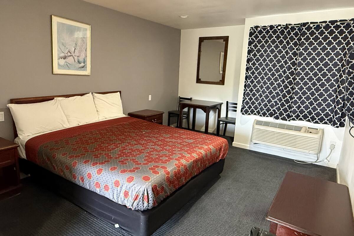 Une chambre d’hôtel avec un lit, un bureau, une chaise, un miroir et une fenêtre avec des rideaux à motifs.
