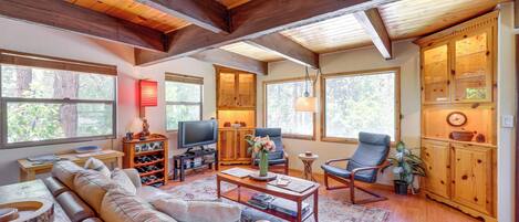 TV, fireplace, books
