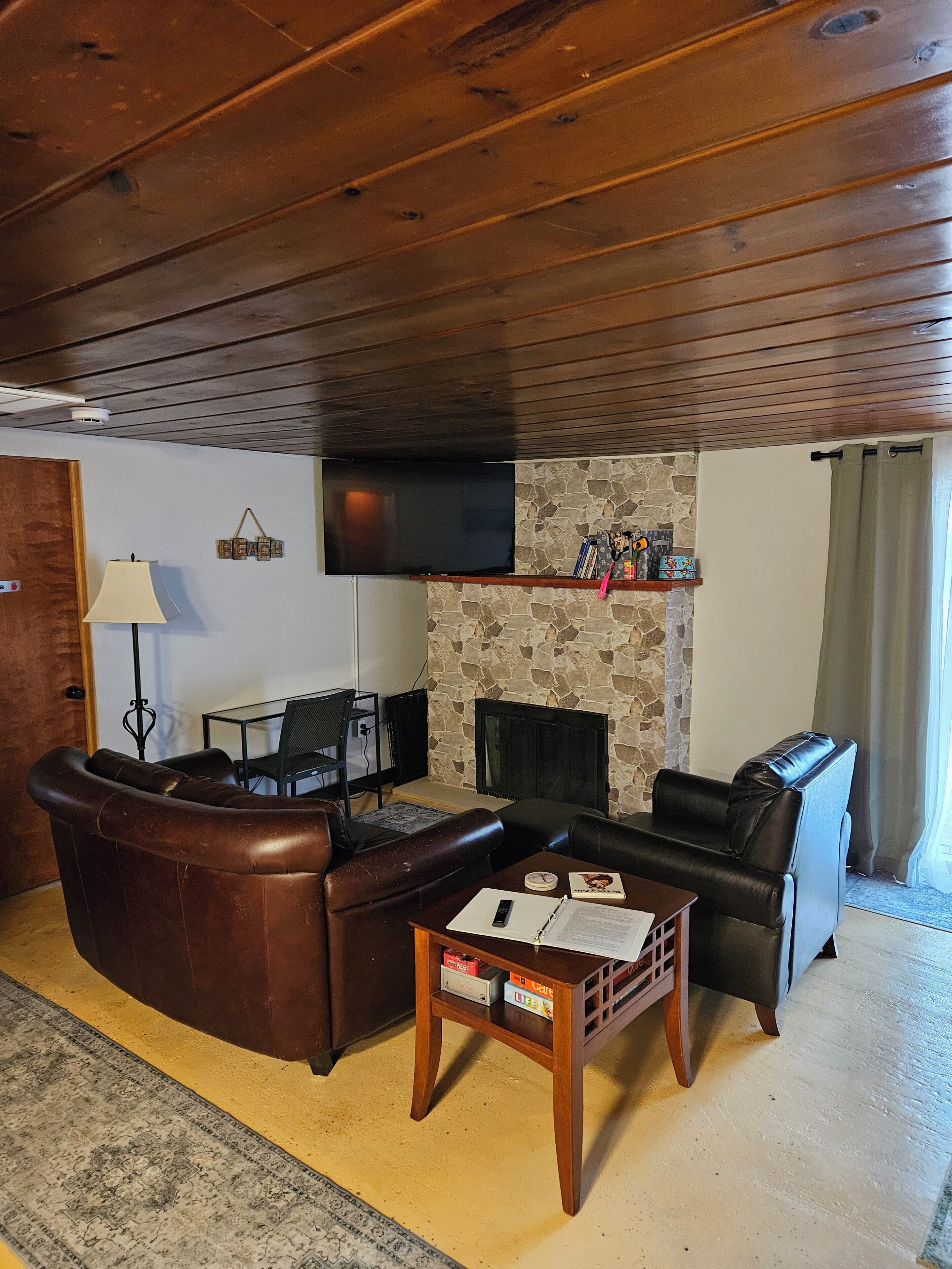 Smart TV, chimenea y libros 