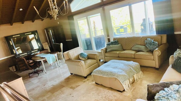 Smart TV, fireplace, books, computer monitors