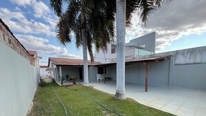 A residential area with a paved patio, a grassy lawn, and a tall palm tree.