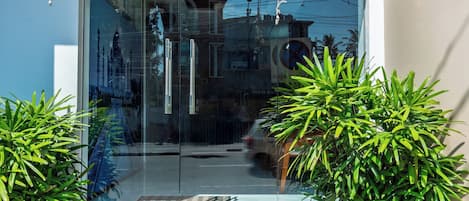 The entrance to Cosmos Inn with a glass door, steps leading up to it, and potted plants on either side.
