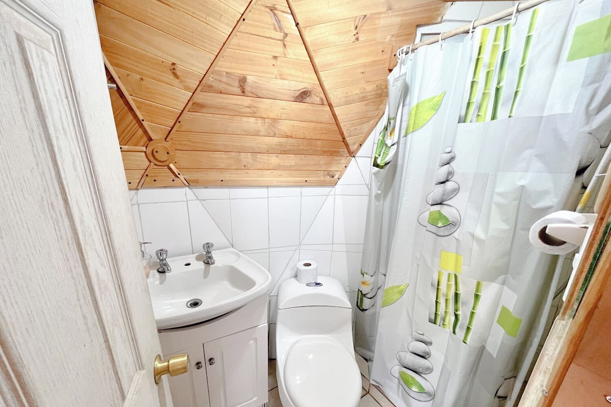 A compact bathroom with a wooden ceiling, a white sink, a toilet, and a shower curtain with leaf patterns.