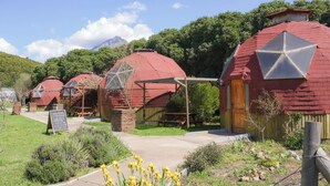 A row of dome-shaped cottages with a wooden exterior and a central skylight, surrounded by greenery and a mountain in the background. - DOmos Ocoa (Hijuelas)