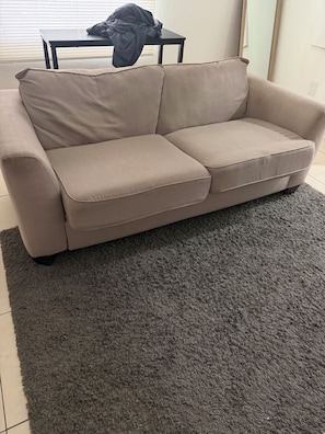 Un canapé beige, un tapis gris foncé, une petite table noire et une fenêtre avec des stores.