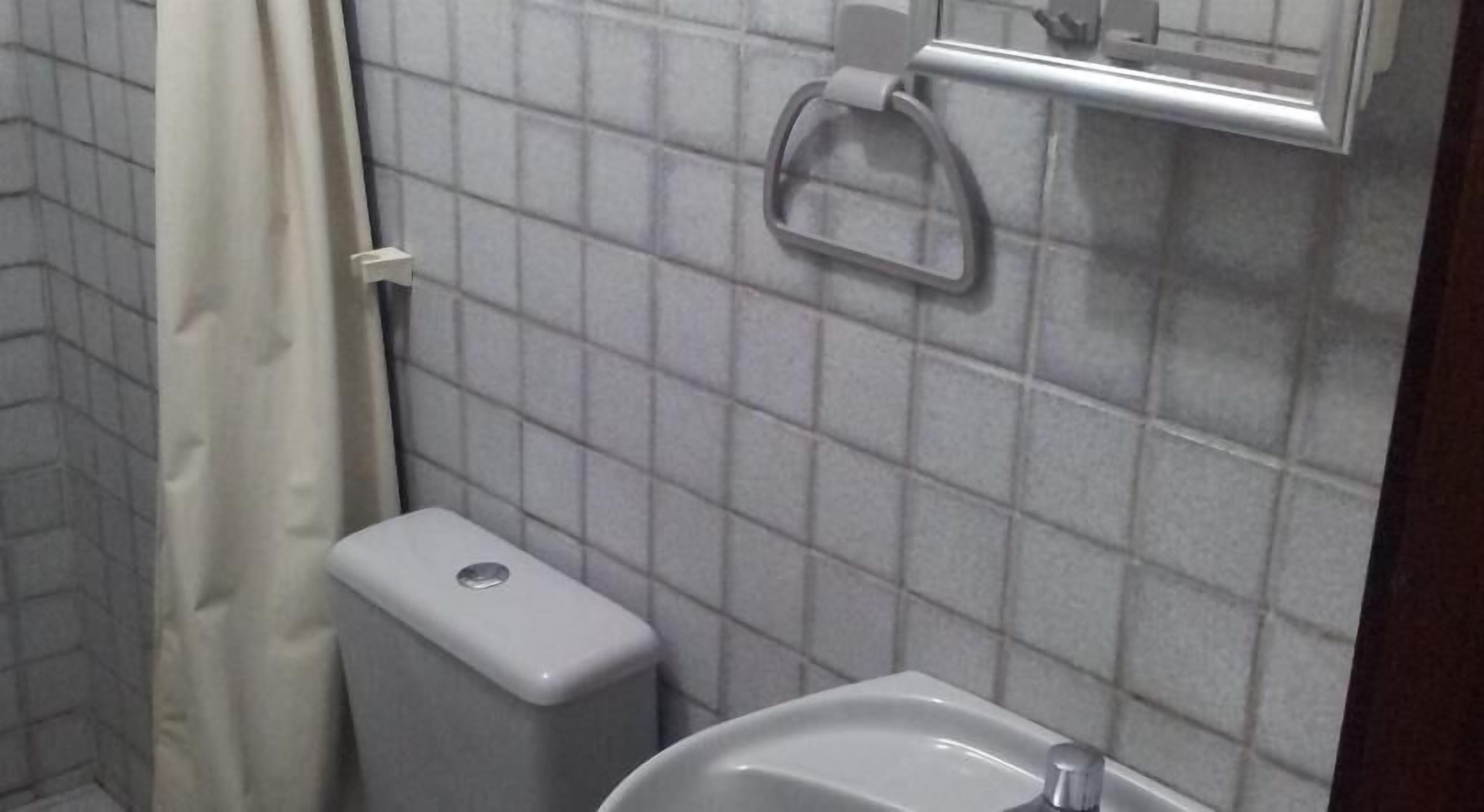 Un baño con inodoro, lavamanos y un perchero en la pared.