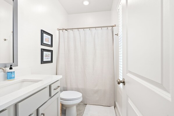 A bathroom with a white sink, toilet, and shower curtain. There are two framed pictures on the wall.