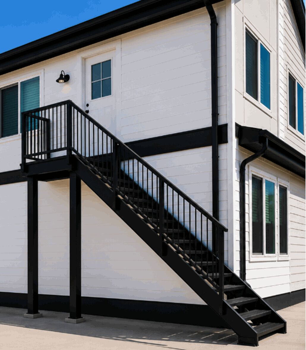 A white building with a black staircase and railing.