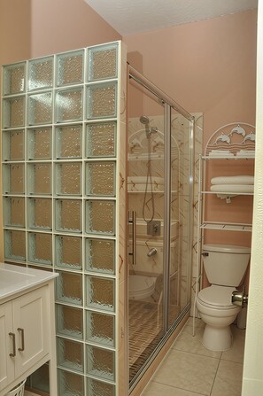 Shower, towels, soap, toilet paper