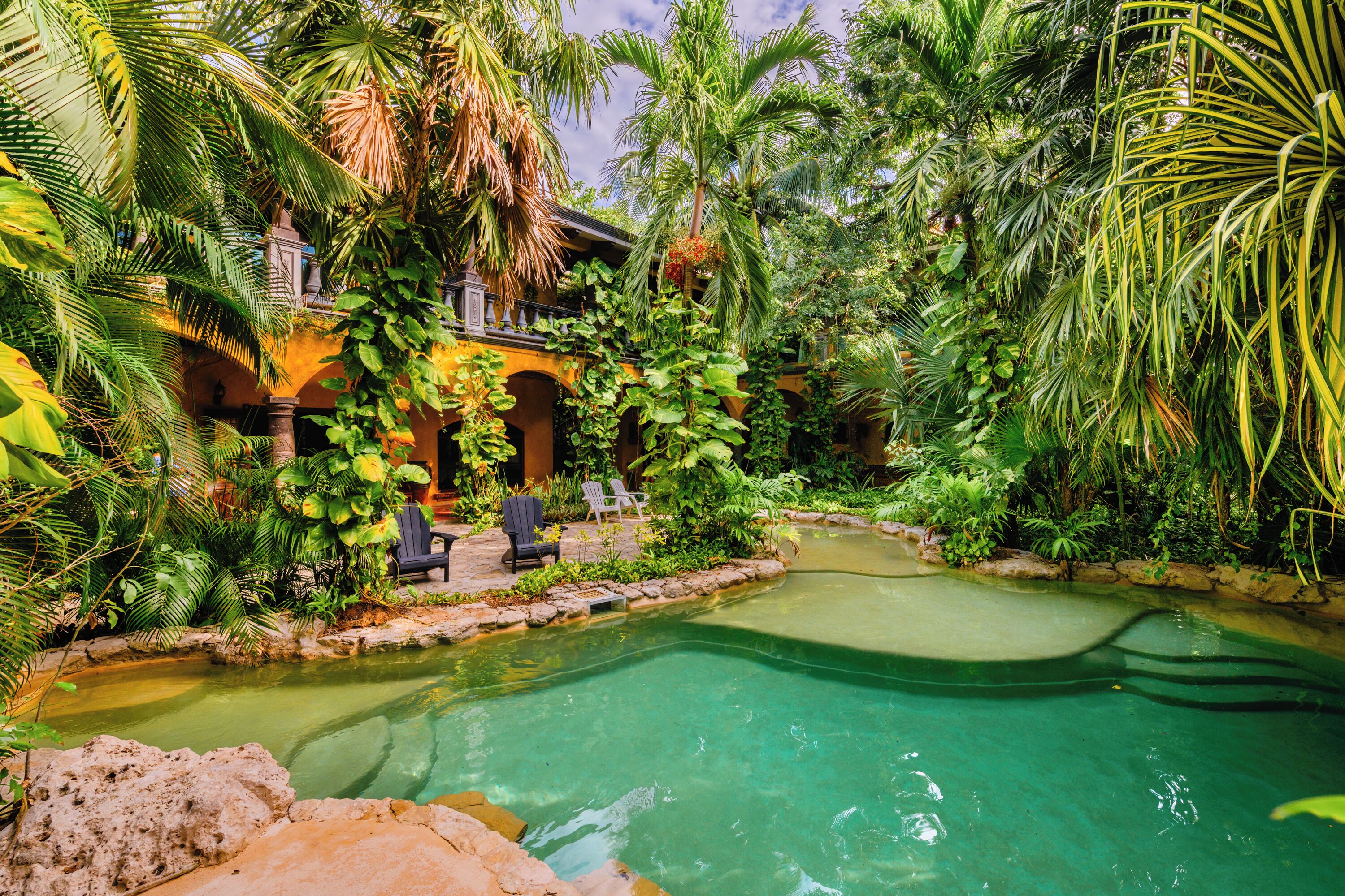 A lush tropical garden with a swimming pool, surrounded by dense foliage and a building with arches.