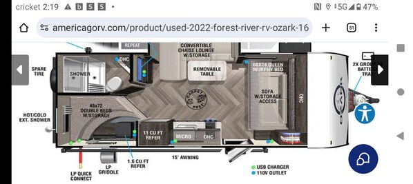 A 2022 Forest River RV Ozark 16 layout with a convertible chaise lounge, 48x72 double beds, a 60x74 queen Murphy bed, a 15' awning, and a 2x group 34 battery tray. - New 2-bed RV with in minutes to everything Bandera with AC. (Bandera)