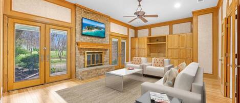 TV, fireplace, offices