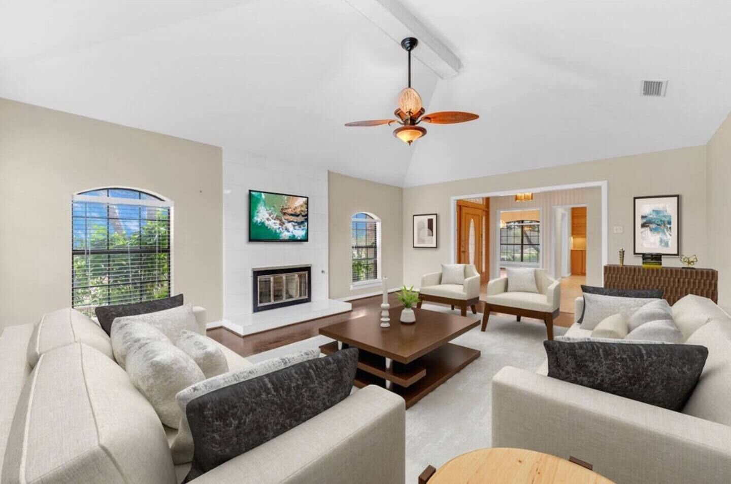 TV, fireplace, offices