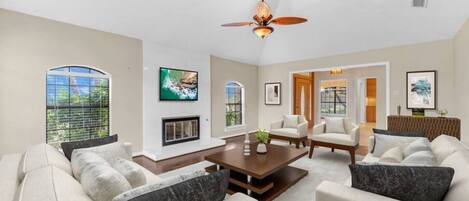 TV, fireplace, offices