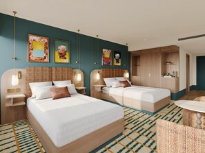 A hotel room with two beds, a small kitchenette, a seating area, and artwork on the walls. - The Derby London City, Curio Collection By Hilton (London)